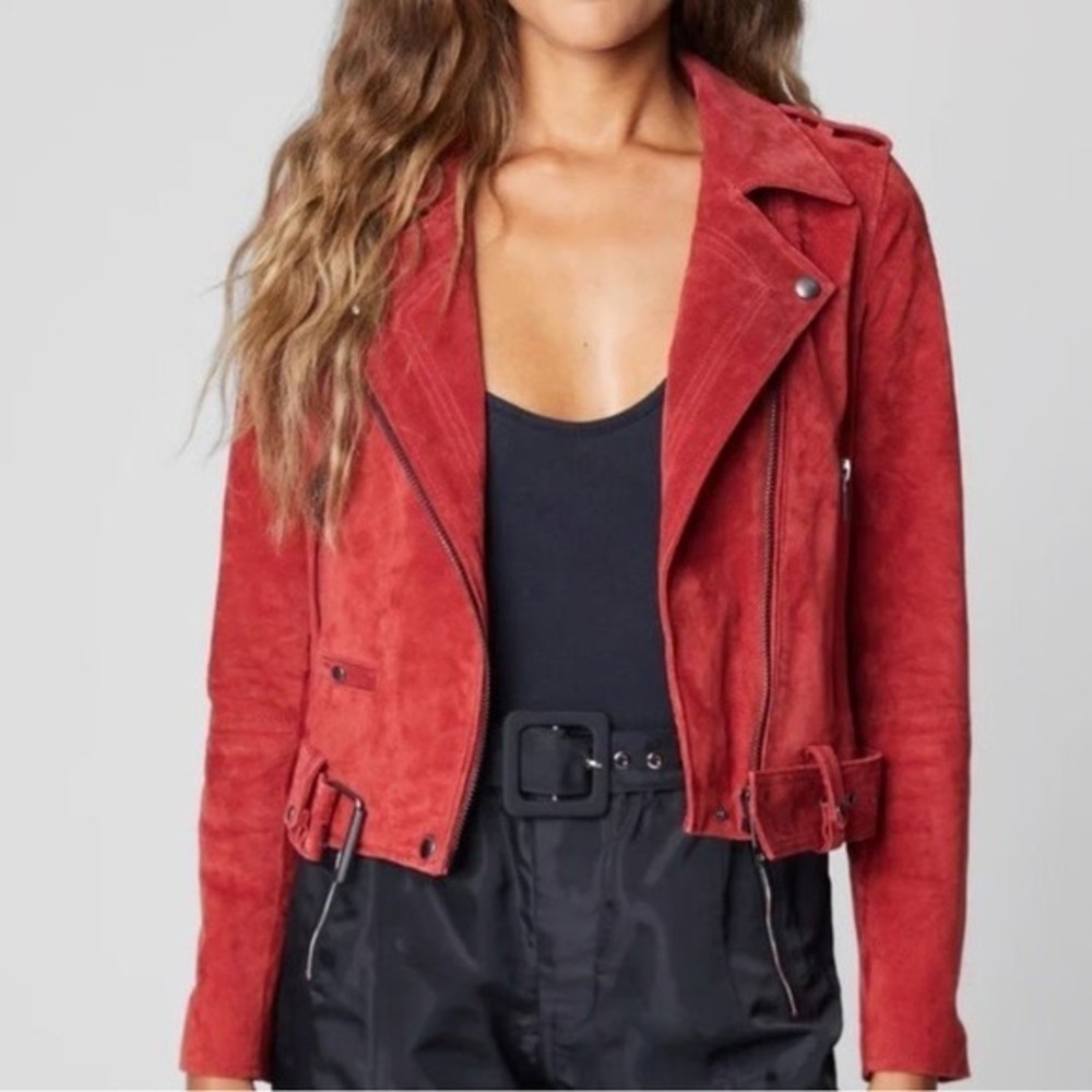 BLANKNYC Red Suede Cropped Moto Jacket Leather Biker Belted Size S